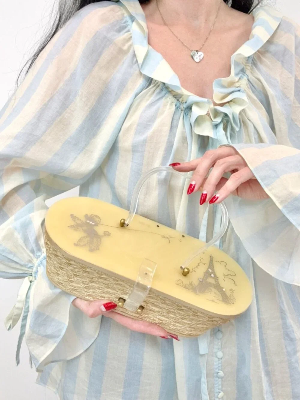 Vintage 1950s Lucite French Poodle Rhinestone Miami Hand Painted Box Purse - Picture 1 of 16